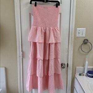 Zesica Pink sleeveless off shoulder smocked tiered beach long dress. NWT
